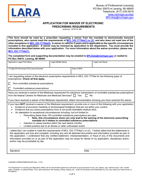 Form LARA/BPL-EPRESCRIBEWAIVER Application for Waiver of Electronic Prescribing Requirements - Michigan