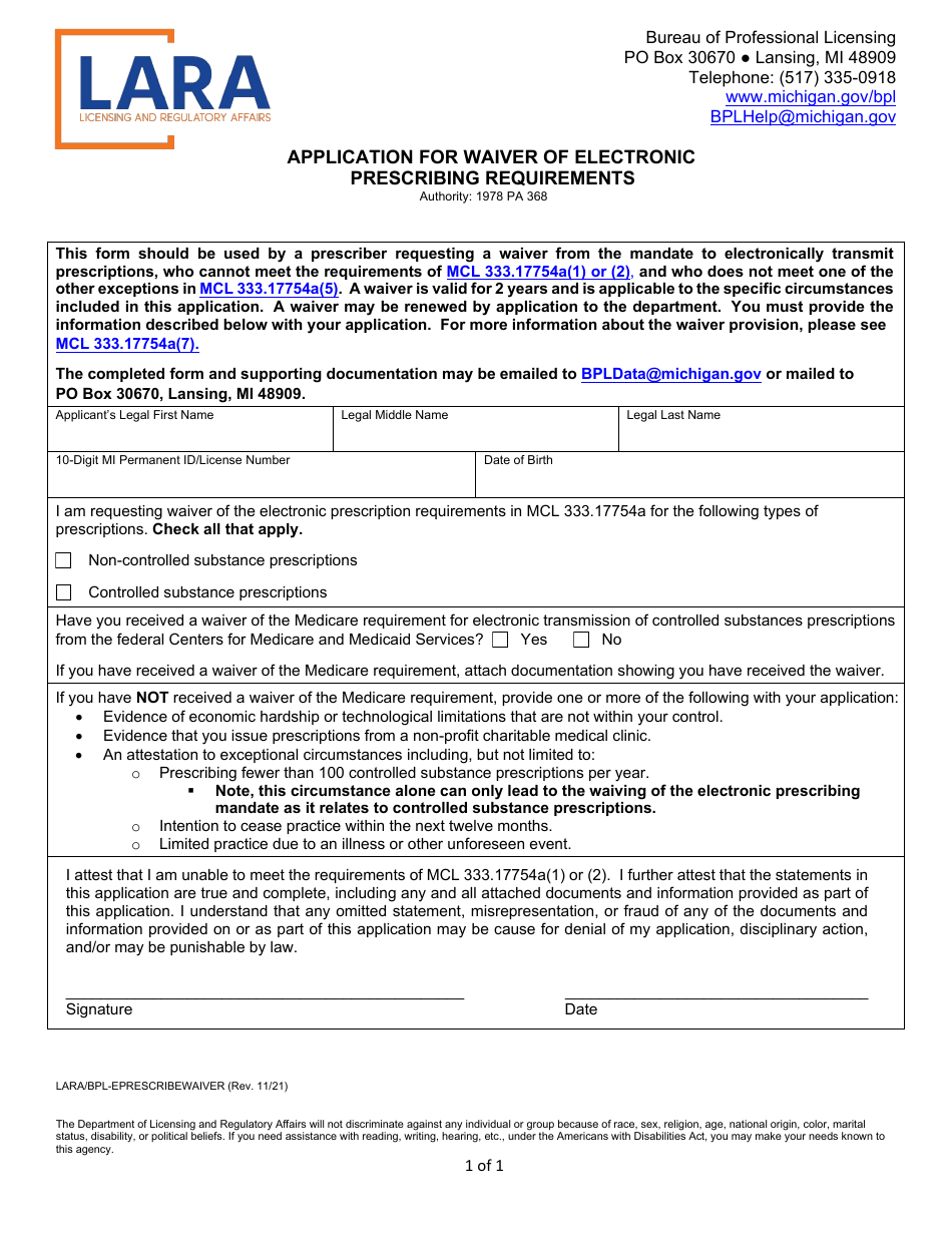 Form LARA / BPL-EPRESCRIBEWAIVER Application for Waiver of Electronic Prescribing Requirements - Michigan, Page 1
