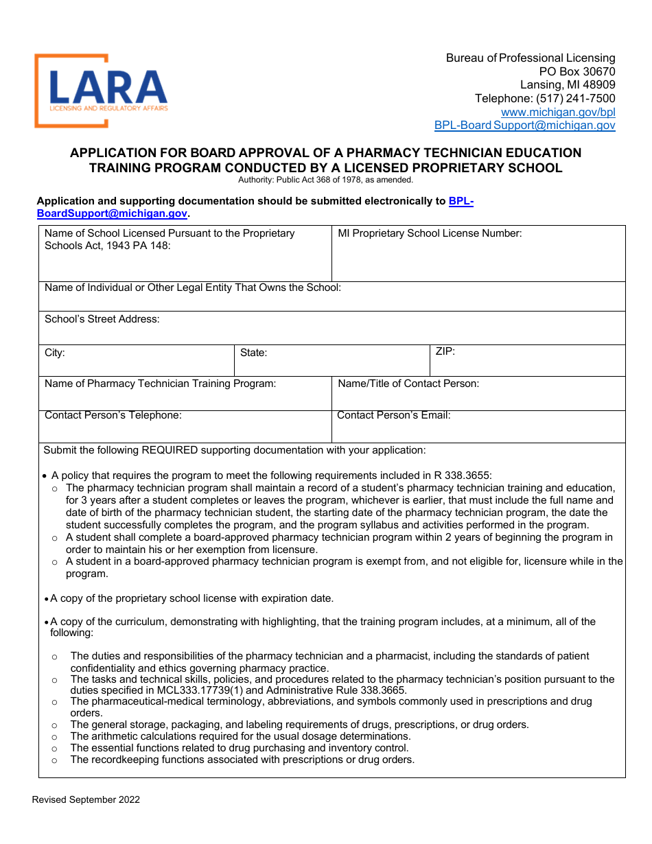 Application for Board Approval of a Pharmacy Technician Education Training Program Conducted by a Licensed Proprietary School - Michigan, Page 1