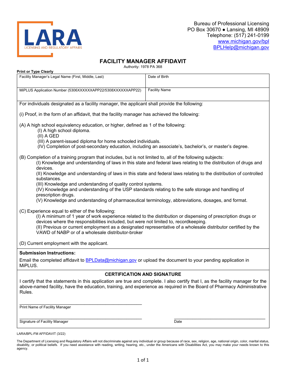Form LARA / BPL-FM AFFIDAVIT Facility Manager Affidavit - Michigan, Page 1