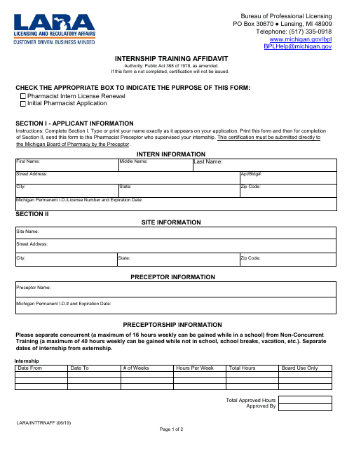 Form LARA/INTTRNAFF Internship Training Affidavit - Michigan
