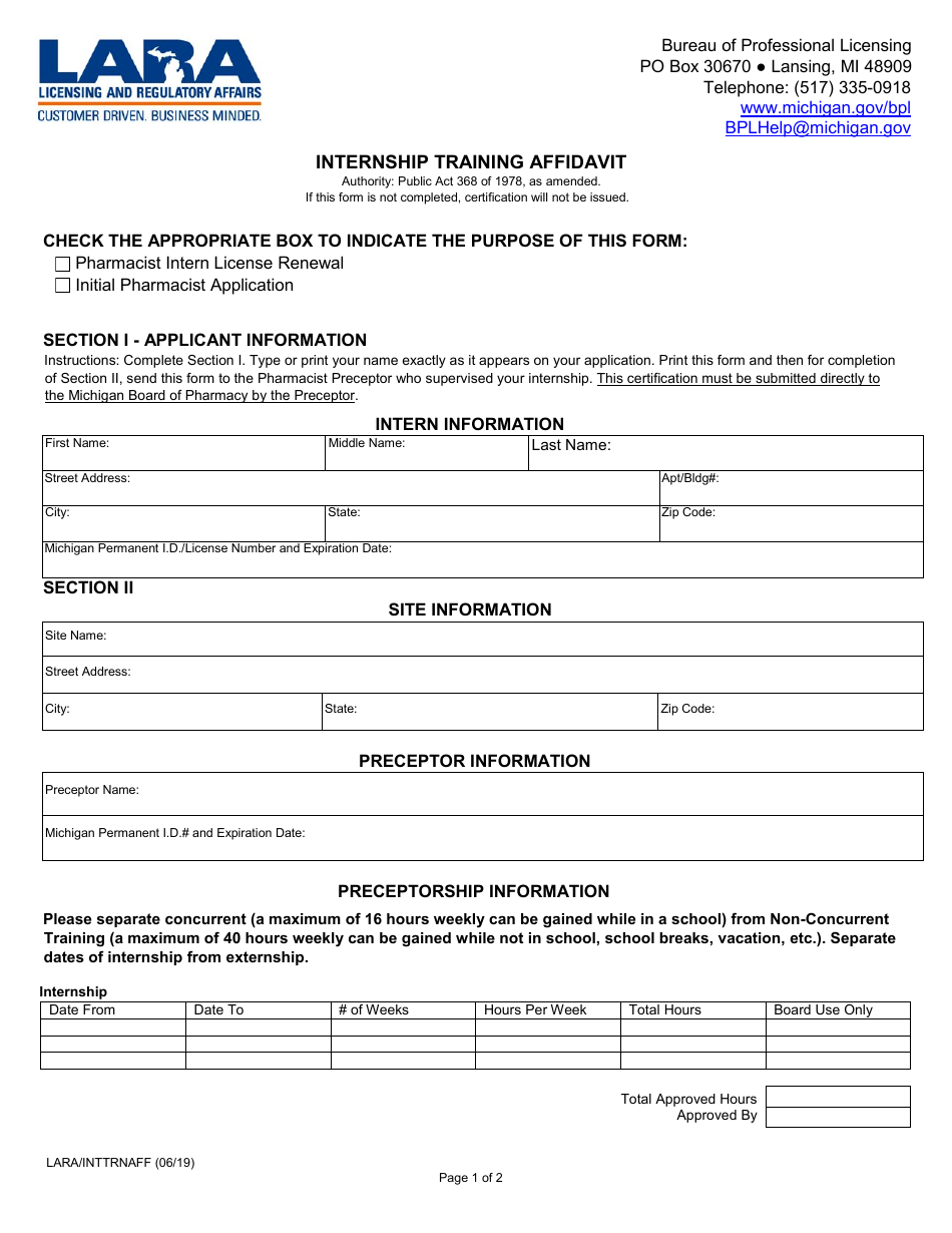 Form LARA / INTTRNAFF Internship Training Affidavit - Michigan, Page 1