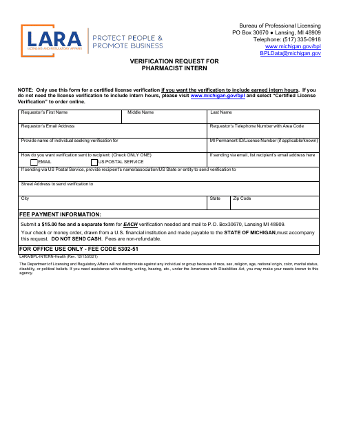 Form LARA/BPL-INTERN-HEALTH Verification Request for Pharmacist Intern - Michigan