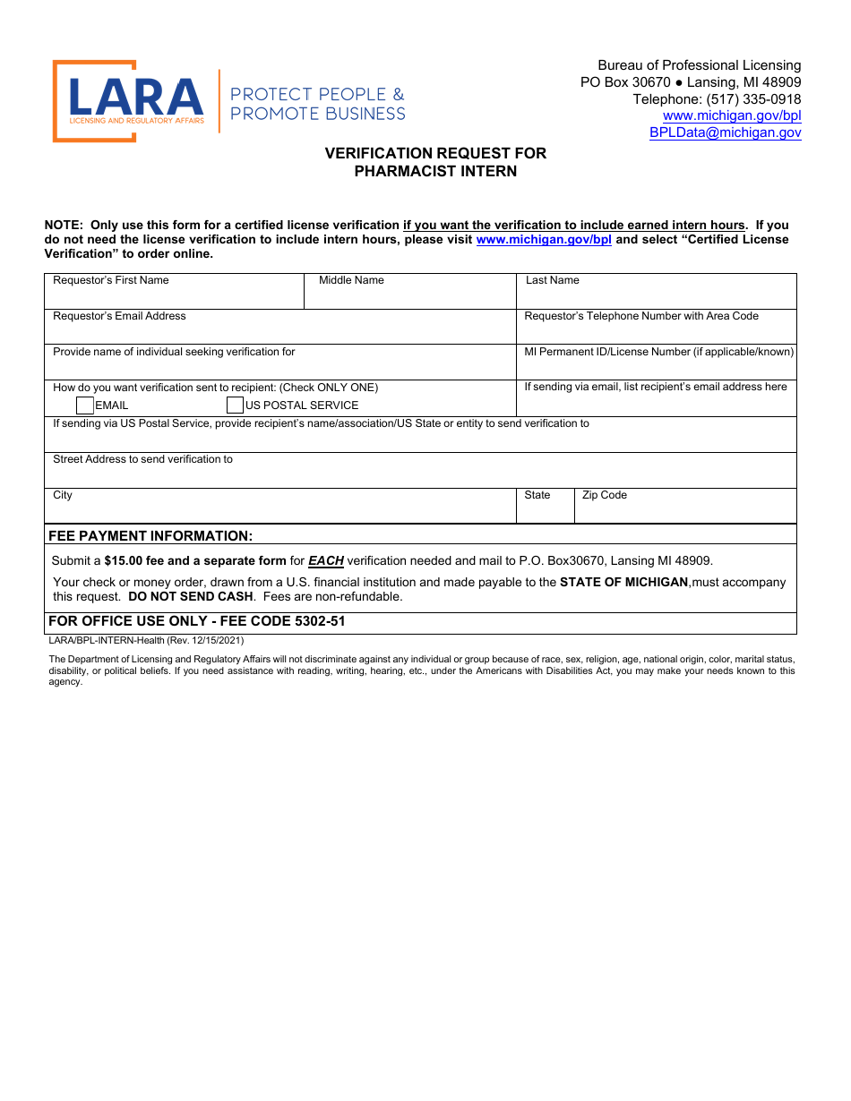 Form LARA / BPL-INTERN-HEALTH Verification Request for Pharmacist Intern - Michigan, Page 1