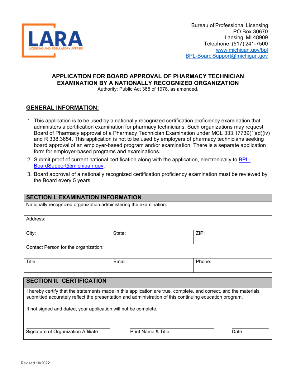 Application for Board Approval of Pharmacy Technician Examination by a Nationally Recognized Organization - Michigan, Page 1