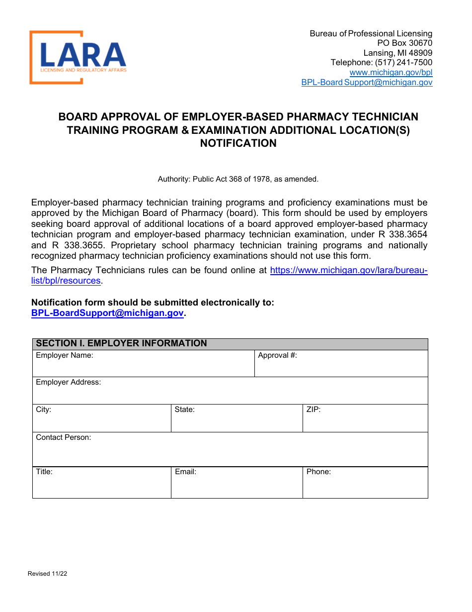 Board Approval of Employer-Based Pharmacy Technician Training Program  Examination Additional Location(S) Notification - Michigan, Page 1