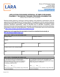 Document preview: Application for Board Approval of Employer-Based Pharmacy Technician Training Program & Examination - Michigan