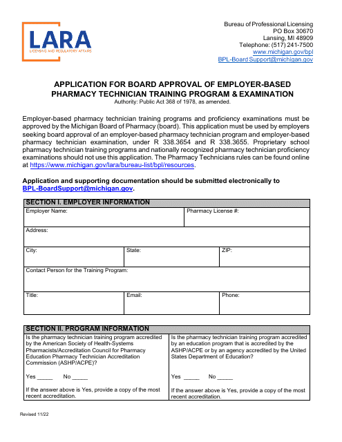 Application for Board Approval of Employer-Based Pharmacy Technician Training Program & Examination - Michigan