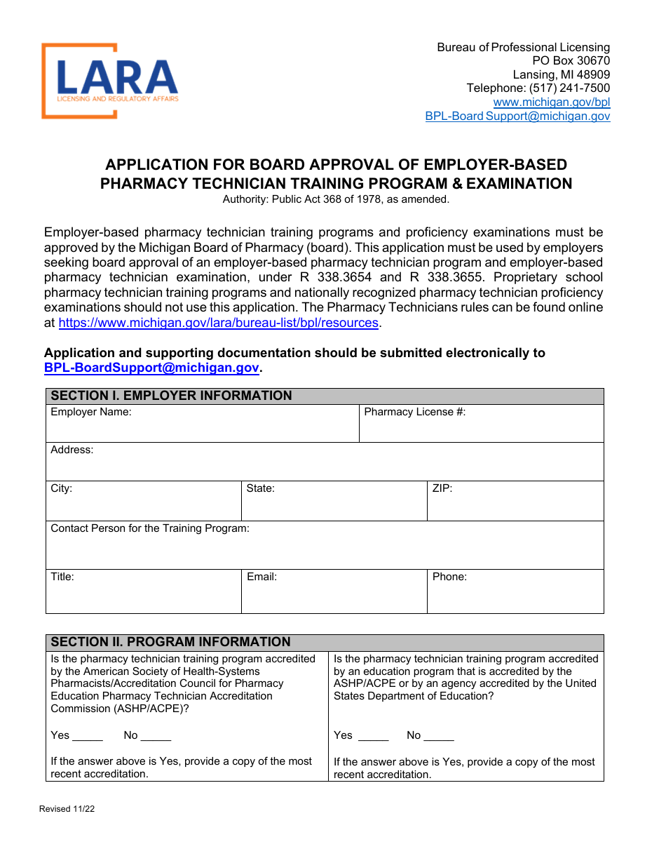 Application for Board Approval of Employer-Based Pharmacy Technician Training Program  Examination - Michigan, Page 1