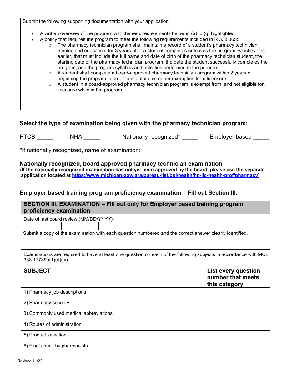 Application for Board Approval of Employer-Based Pharmacy Technician Training Program  Examination - Michigan, Page 2