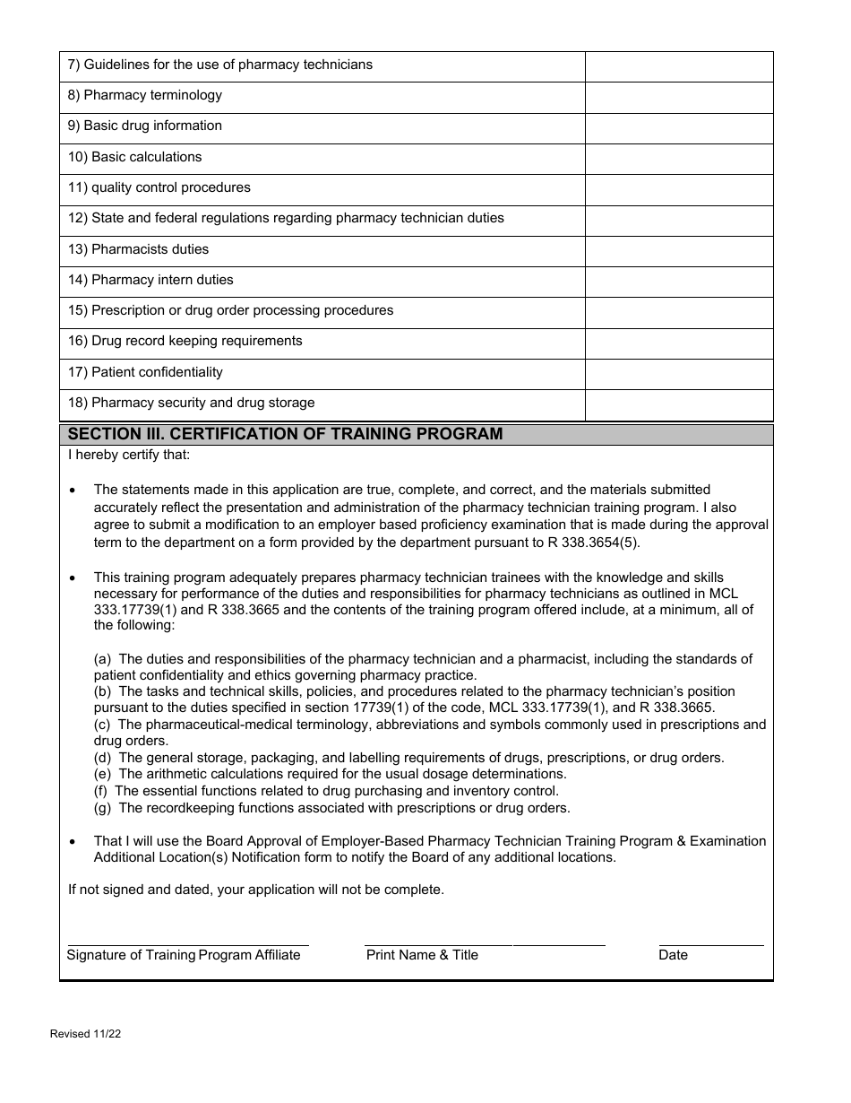 Application for Board Approval of Employer-Based Pharmacy Technician Training Program  Examination - Michigan, Page 3