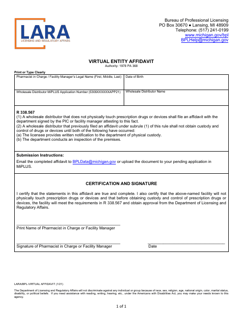 Form LARA/BPL-VIRTUAL AFFIDAVIT Virtual Entity Affidavit - Michigan