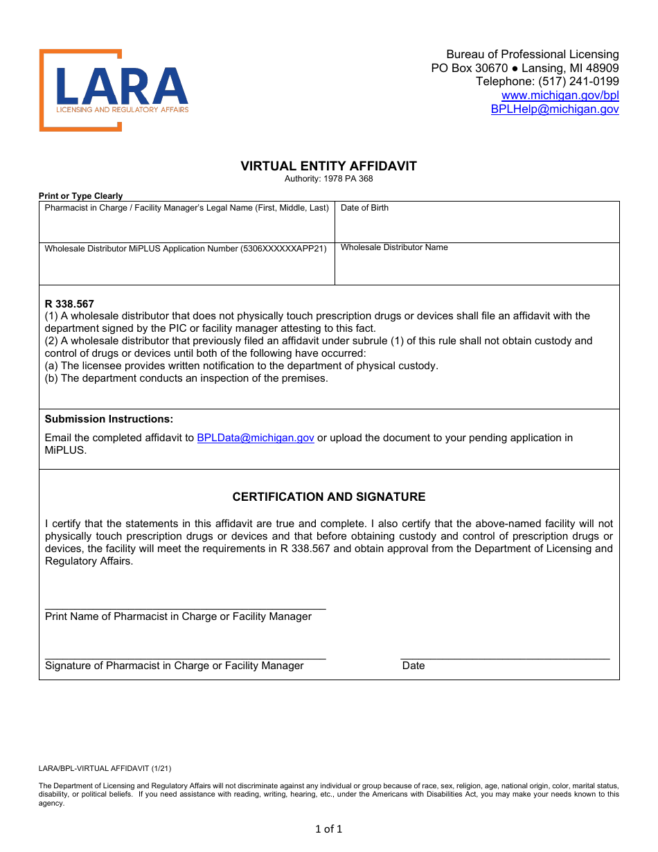 Form LARA / BPL-VIRTUAL AFFIDAVIT Virtual Entity Affidavit - Michigan, Page 1