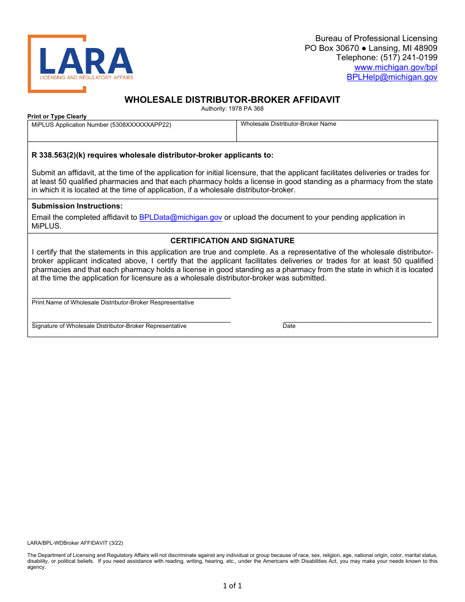 Form LARA / BPL-WDBROKER AFFIDAVIT Wholesale Distributor-Broker Affidavit - Michigan, Page 1