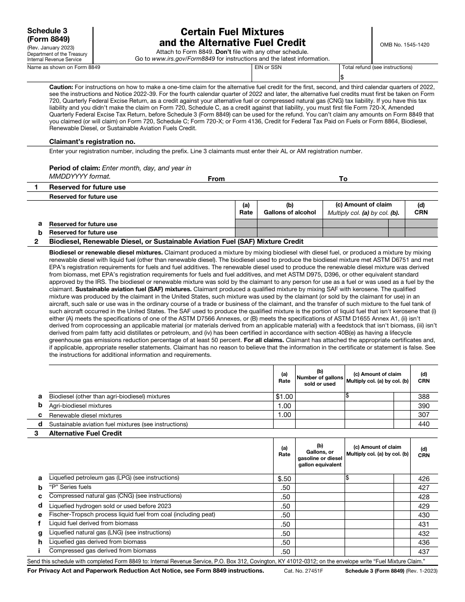 IRS Form 8849 Schedule 3 Certain Fuel Mixtures and the Alternative Fuel Credit, Page 1