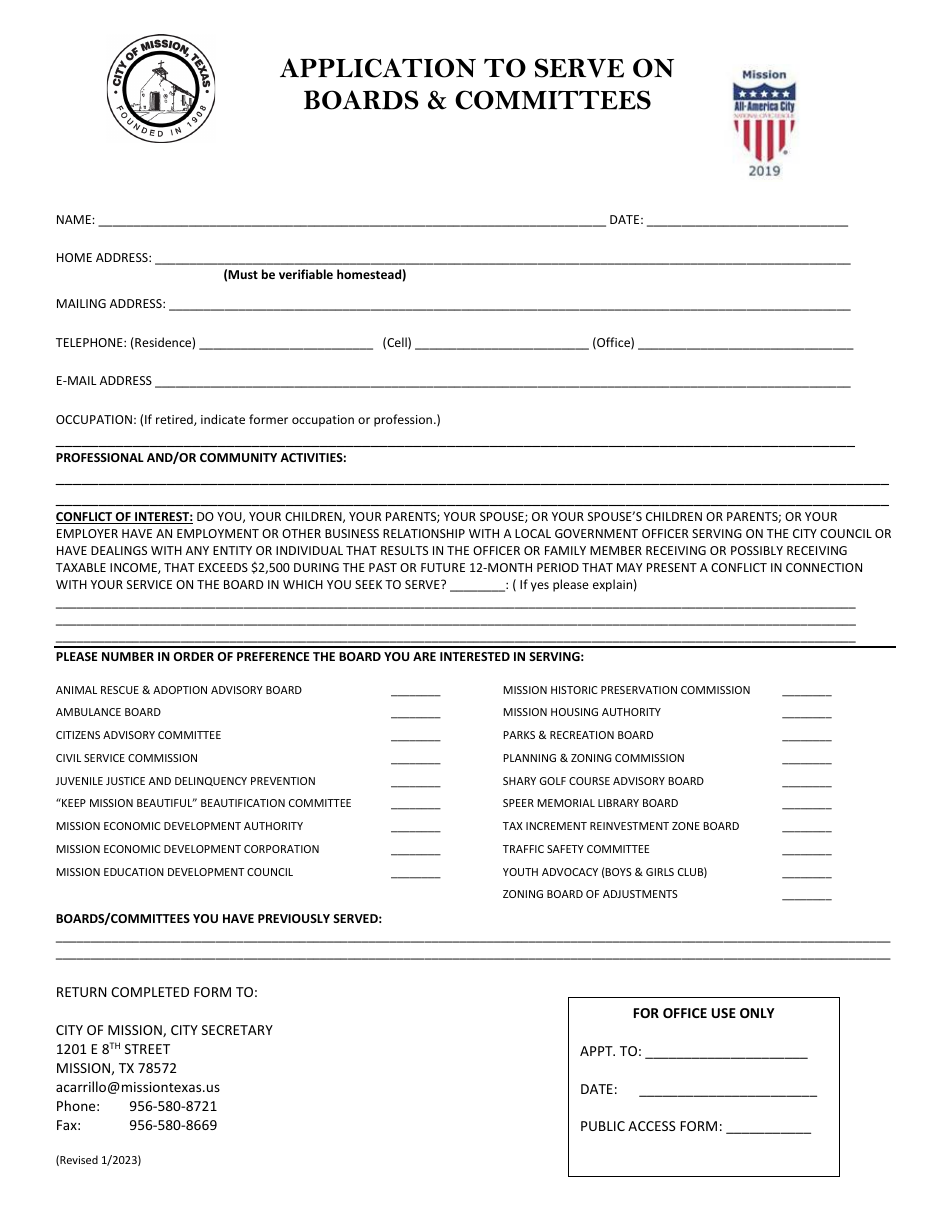 Application to Serve on Boards  Committees - City of Mission, Texas, Page 1