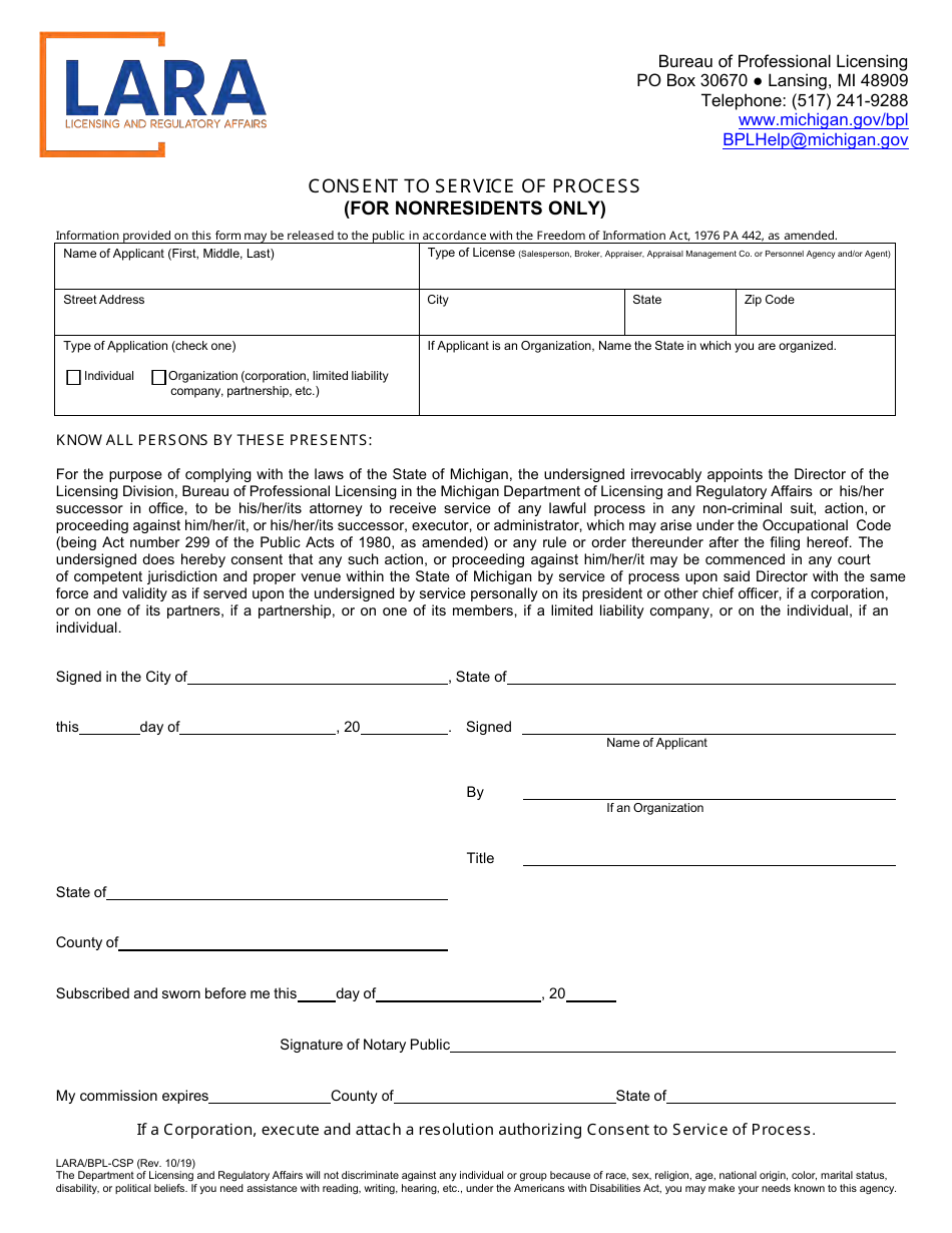 Form LARA / BPL-CSP Consent to Service of Process (For Nonresidents Only) - Michigan, Page 1