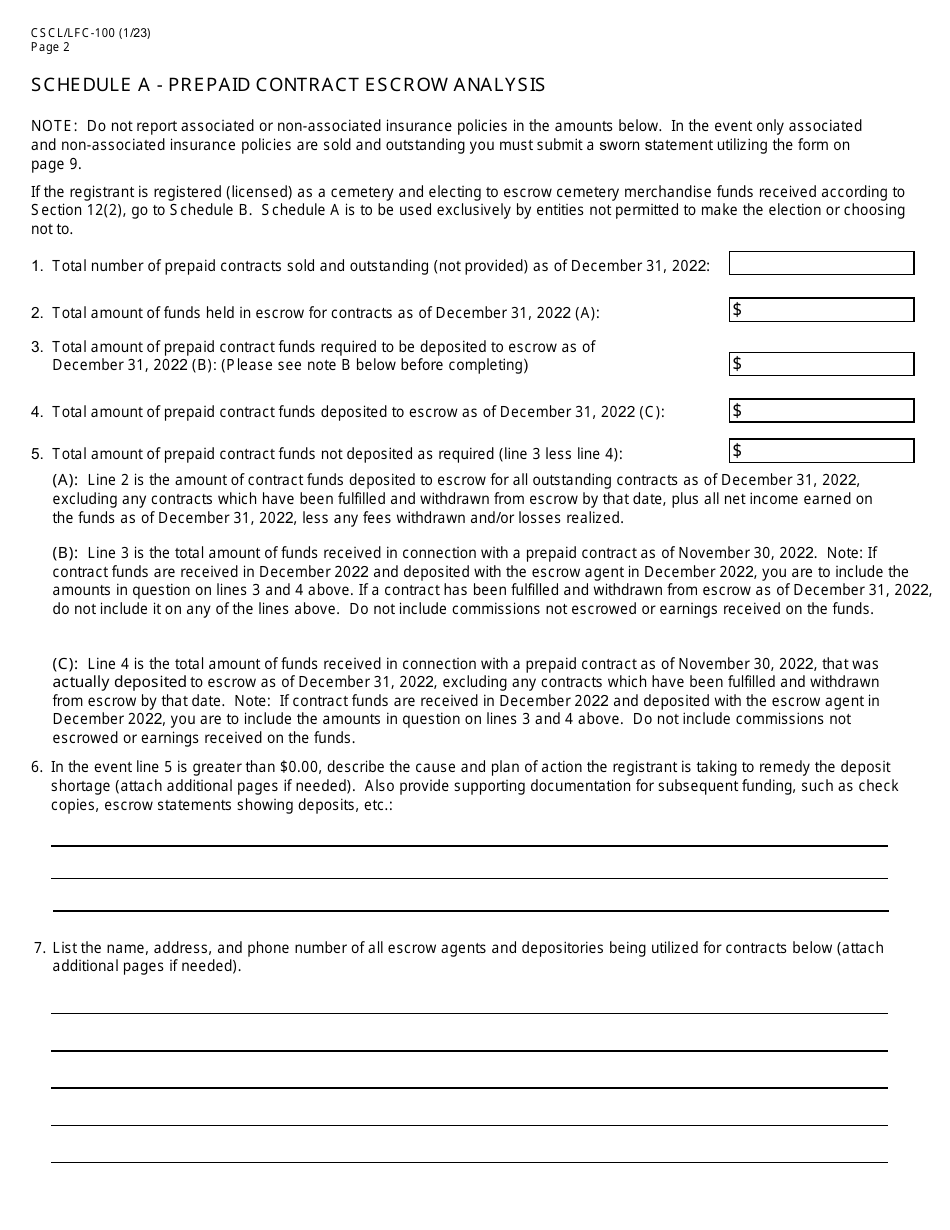 Form CSCL / LFC-100 Prepaid Funeral and Cemetery Sales Act Annual Report - Michigan, Page 2