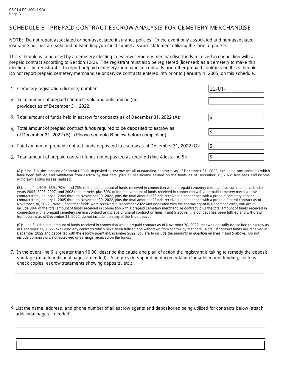 Form CSCL / LFC-100 Prepaid Funeral and Cemetery Sales Act Annual Report - Michigan, Page 3