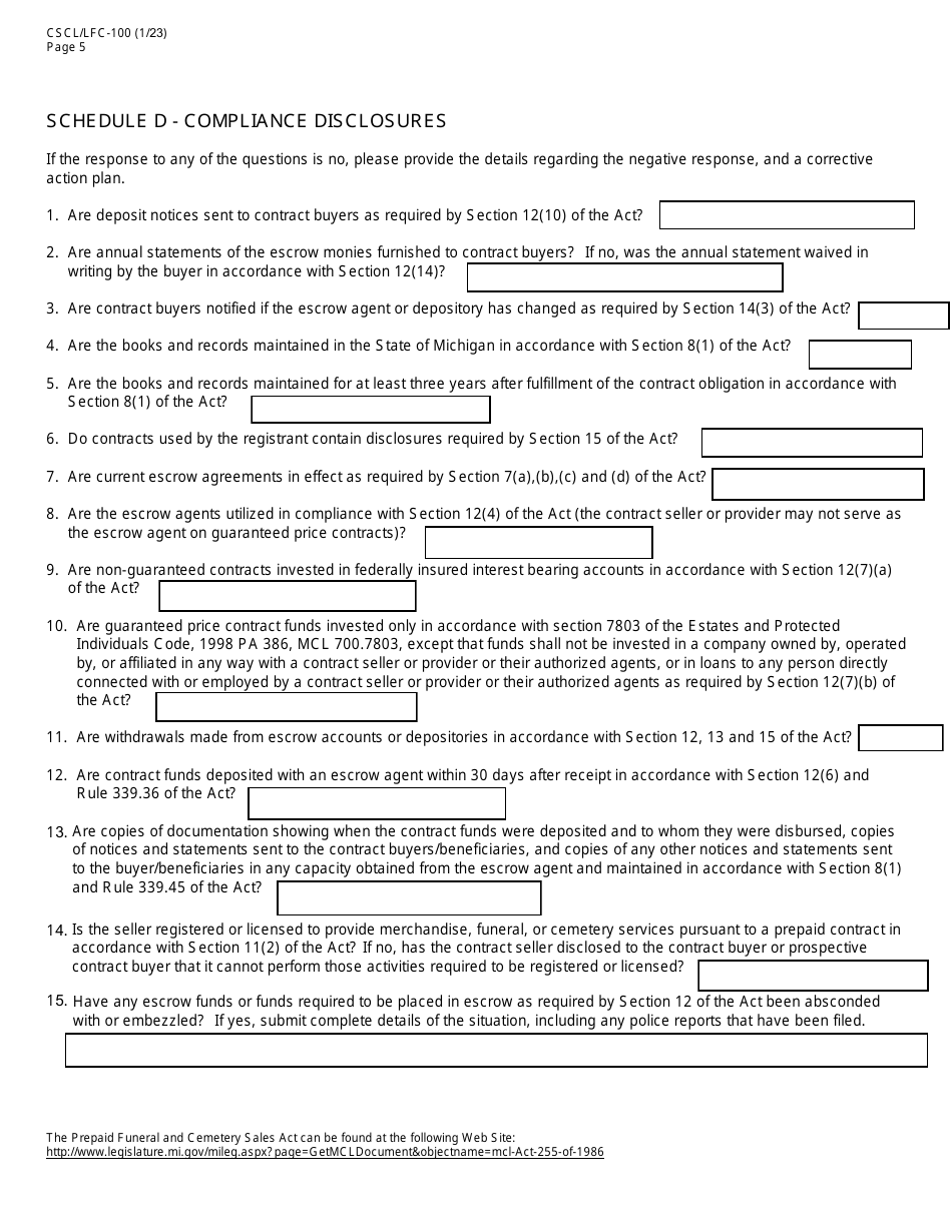 Form CSCL / LFC-100 Prepaid Funeral and Cemetery Sales Act Annual Report - Michigan, Page 5