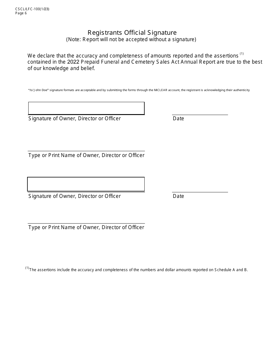 Form CSCL / LFC-100 Prepaid Funeral and Cemetery Sales Act Annual Report - Michigan, Page 6