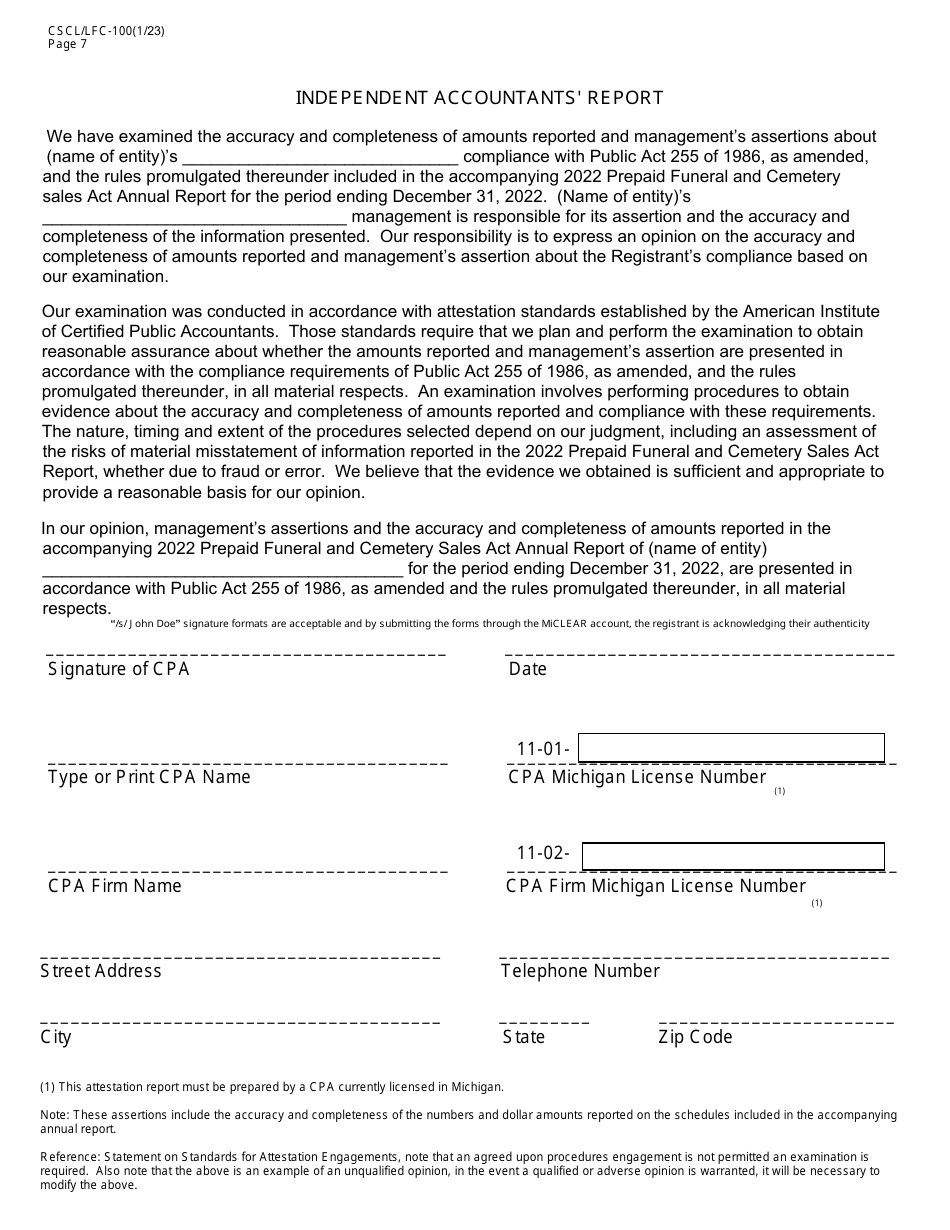 Form CSCL / LFC-100 Prepaid Funeral and Cemetery Sales Act Annual Report - Michigan, Page 7