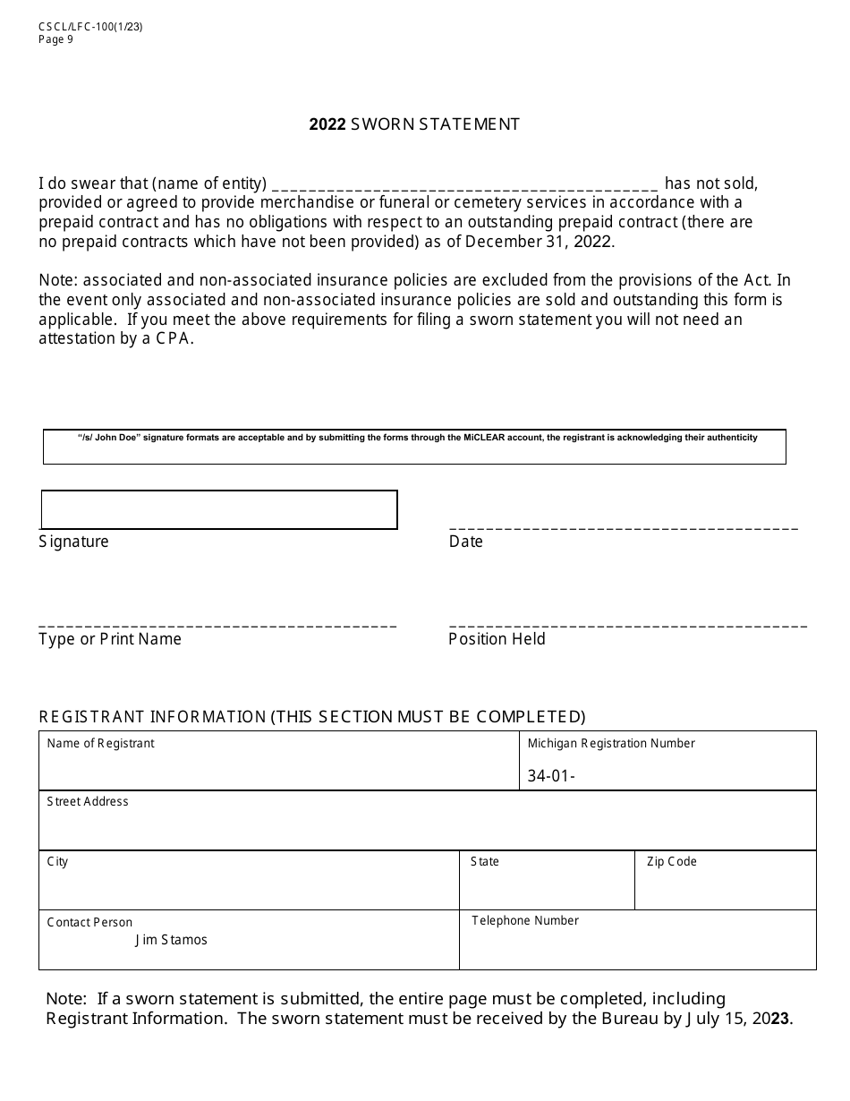 Form CSCL / LFC-100 Prepaid Funeral and Cemetery Sales Act Annual Report - Michigan, Page 9
