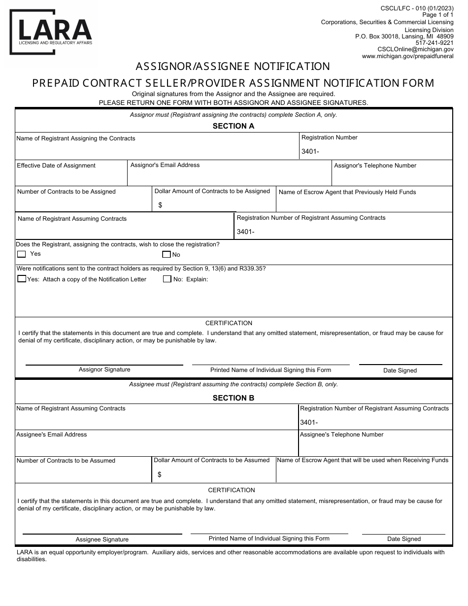 Form CSCL / LFC-010 Assignor / Assignee Notification Prepaid Contract Seller / Provider Assignment Notification Form - Michigan, Page 1