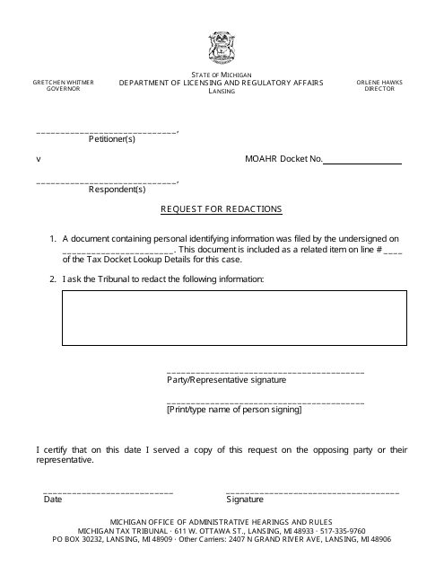 Request for Redactions - Party - Michigan Download Pdf