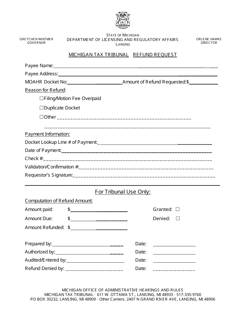 Michigan Michigan Tax Tribunal Refund Request - Fill Out, Sign Online ...