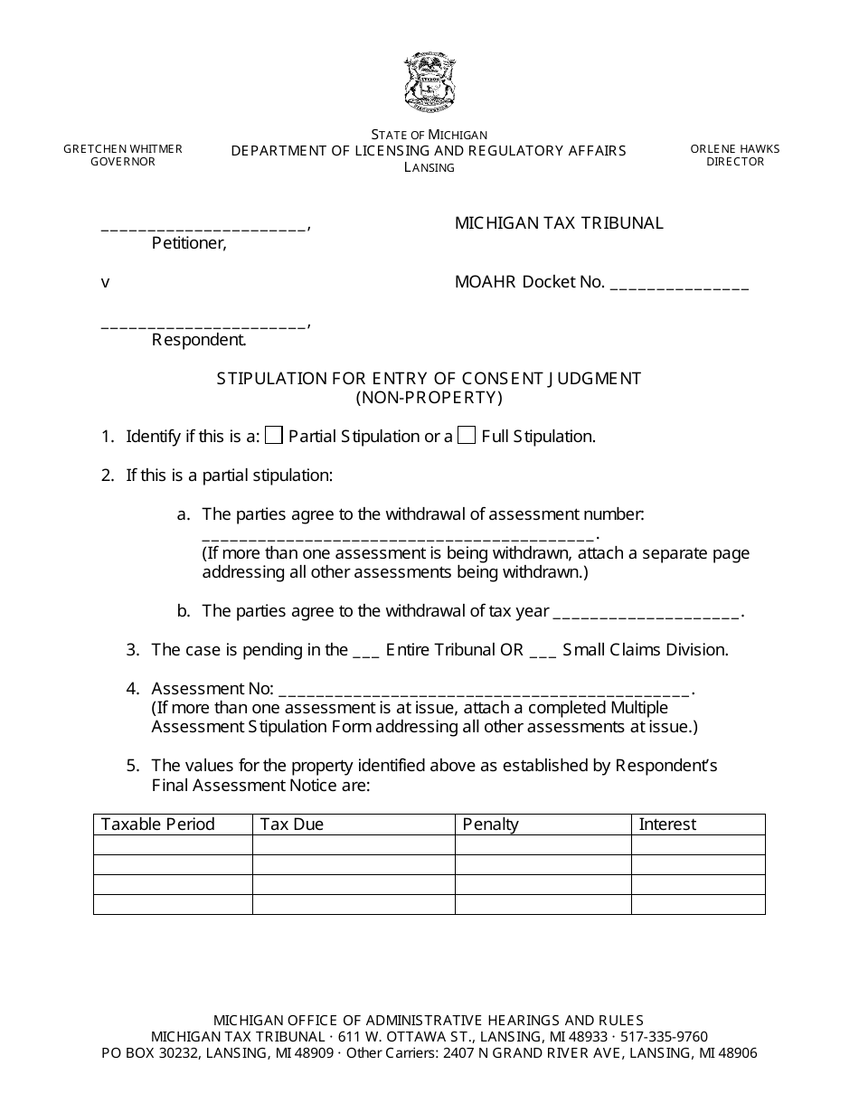 Michigan Stipulation for Entry of Consent Judgment (Nonproperty