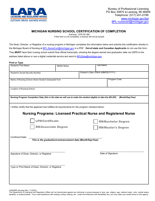 Form LARA/BPL-NURSING Michigan Nursing School Certification of Completion - Michigan