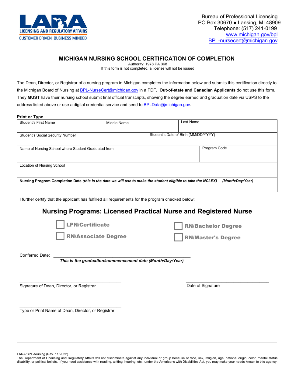 Form LARA / BPL-NURSING Michigan Nursing School Certification of Completion - Michigan, Page 1