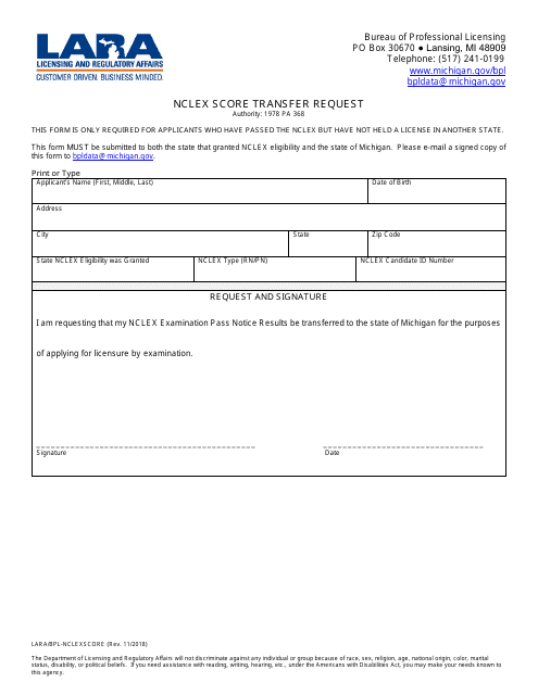 Form LARA/BPL-NCLEXSCORE Nclex Score Transfer Request - Michigan