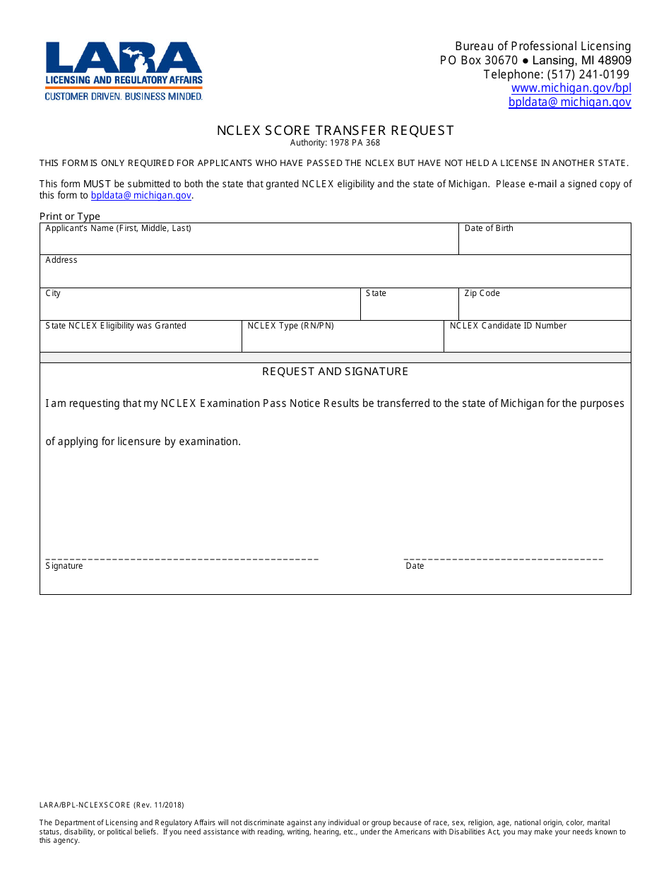 Form LARA / BPL-NCLEXSCORE Nclex Score Transfer Request - Michigan, Page 1