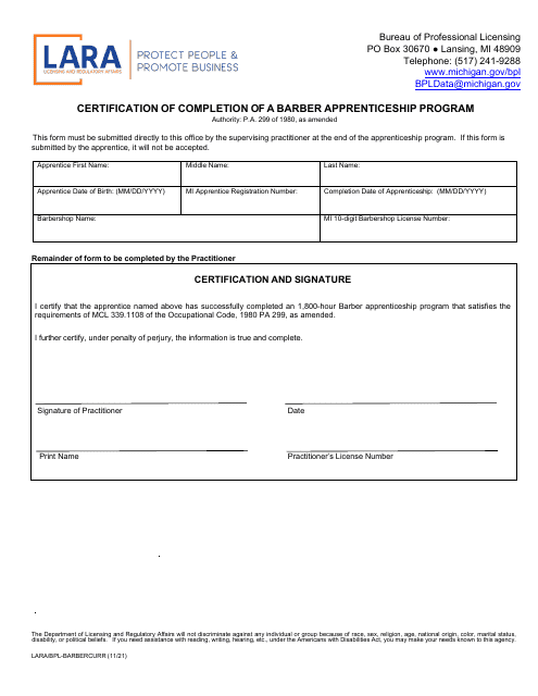 Form LARA/BPL-BARBERCURR Certification of Completion of a Barber Apprenticeship Program - Michigan
