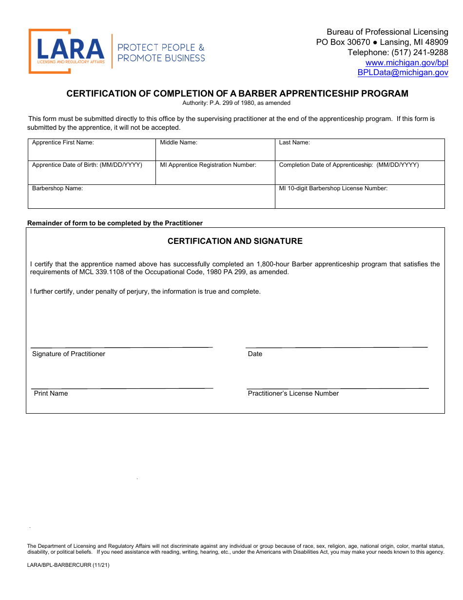 Form LARA / BPL-BARBERCURR Certification of Completion of a Barber Apprenticeship Program - Michigan, Page 1