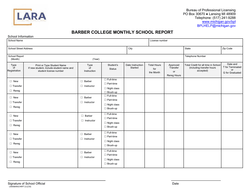 Form LARABARSCHRPT Barber College Monthly School Report - Michigan