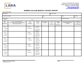 Form LARABARSCHRPT Barber College Monthly School Report - Michigan