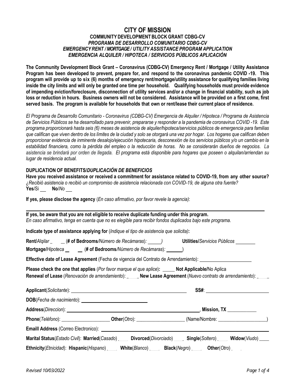 Emergency Rent / Mortgage / Utility Assistance Program Application - Community Development Block Grant Cdbg-Cv - City of Mission, Texas (English / Spanish), Page 1
