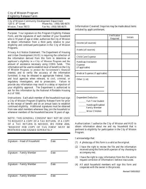 Eligibility Release Form - Emergency Assistance Program (Eap) - City of Mission, Texas Download Pdf