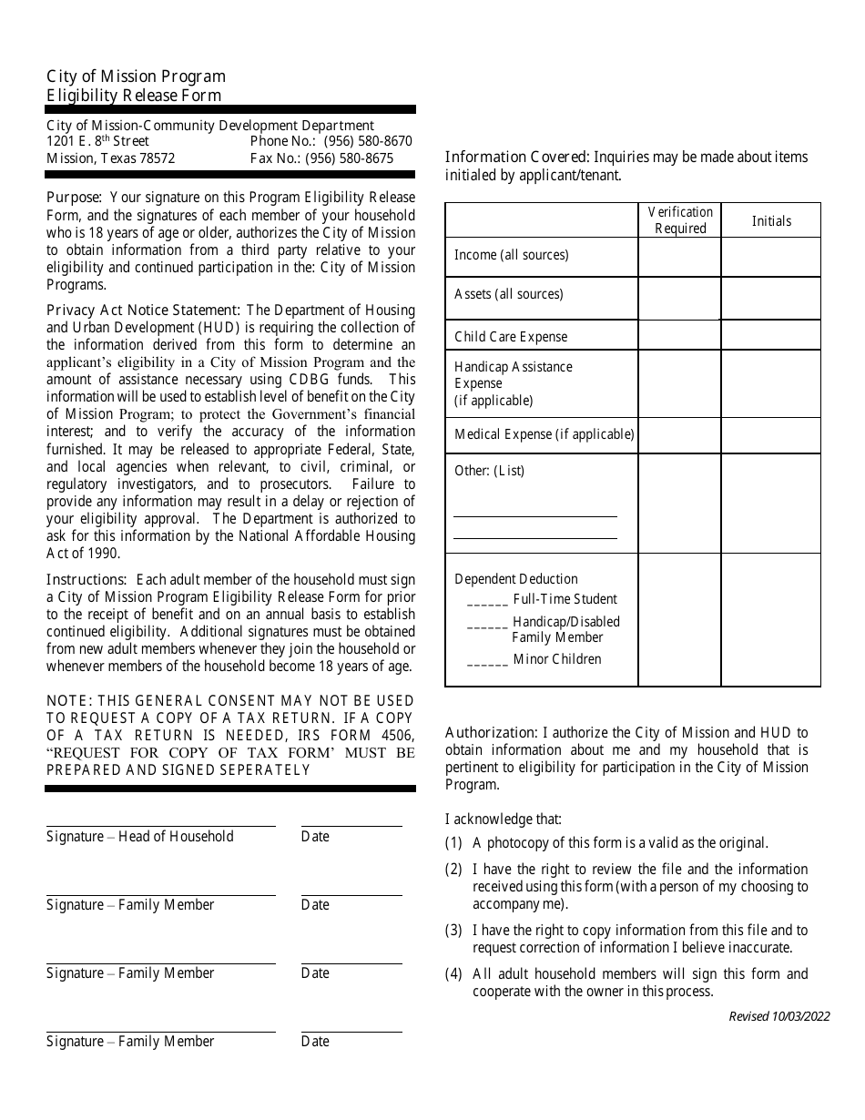 Eligibility Release Form - Emergency Assistance Program (Eap) - City of Mission, Texas, Page 1