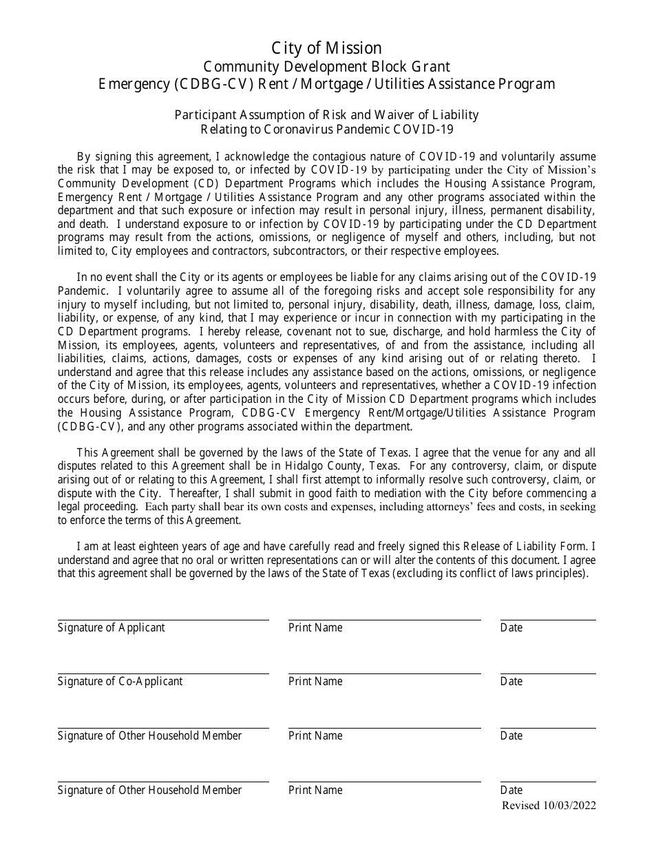 Participant Assumption of Risk and Waiver of Liability Relating to Coronavirus Pandemic Covid-19 - Cdbg-Cv Emergency Assistance Program (Eap) - City of Mission, Texas, Page 1
