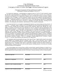 Document preview: Participant Assumption of Risk and Waiver of Liability Relating to Coronavirus Pandemic Covid-19 - Cdbg-Cv Emergency Assistance Program (Eap) - City of Mission, Texas