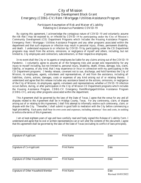 Participant Assumption of Risk and Waiver of Liability Relating to Coronavirus Pandemic Covid-19 - Cdbg-Cv Emergency Assistance Program (Eap) - City of Mission, Texas