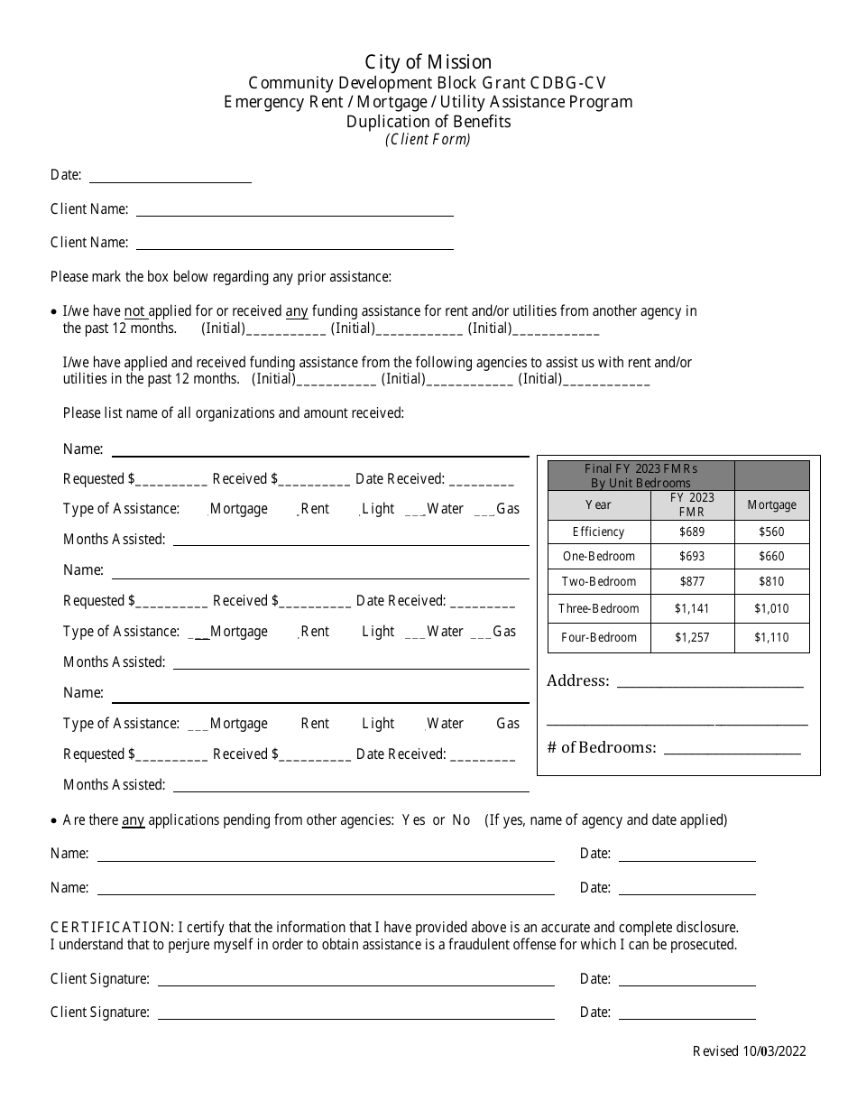 Emergency Rent / Mortgage / Utility Assistance Program Duplication of Benefits (Client Form) - Cdbg-Cv Emergency Assistance Program - City of Mission, Texas, Page 1