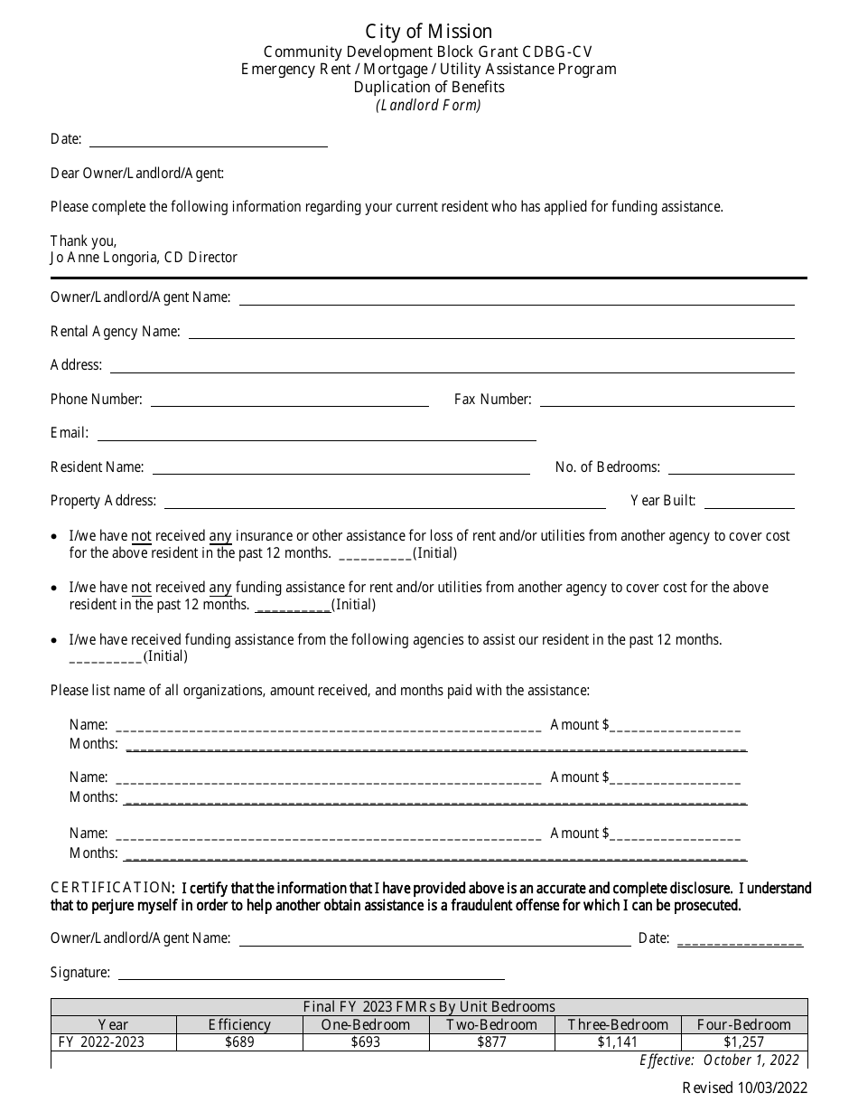 Emergency Rent / Mortgage / Utility Assistance Program Duplication of Benefits (Landlord Form) - Cdbg-Cv Emergency Assistance Program - City of Mission, Texas, Page 1