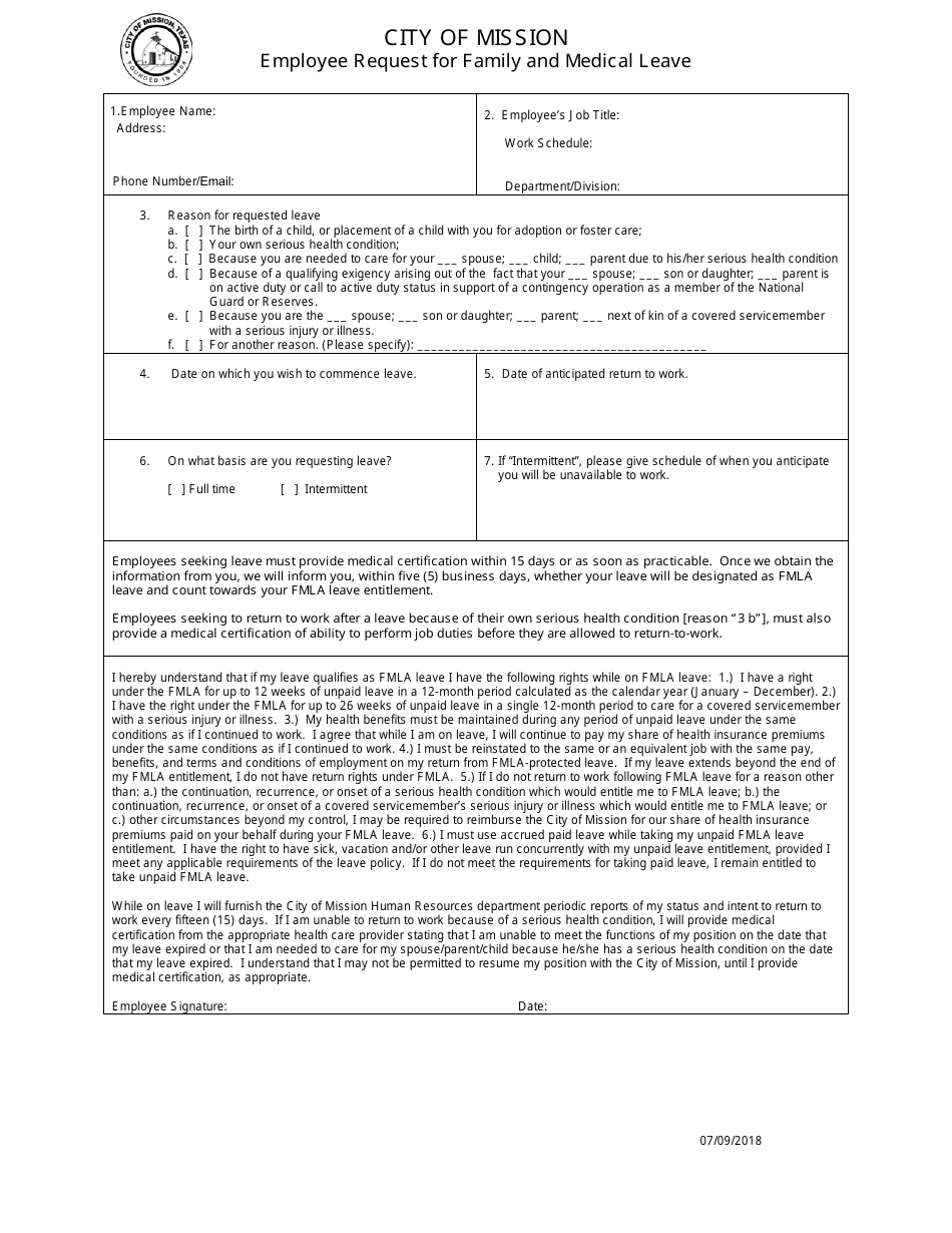 Employee Request for Family and Medical Leave - City of Mission, Texas, Page 1