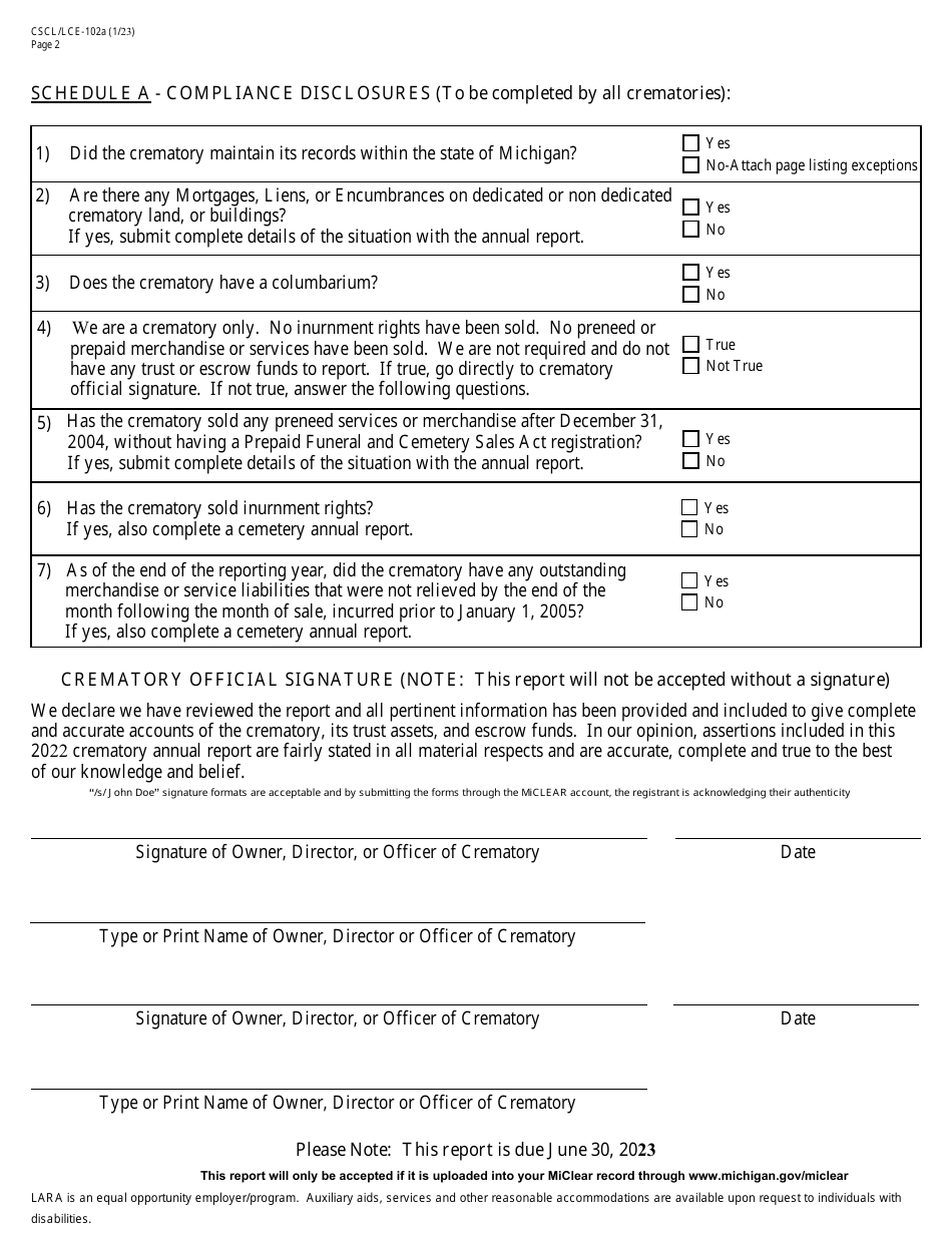 Form CSCL / LCE-102A Crematory Annual Report - Michigan, Page 2