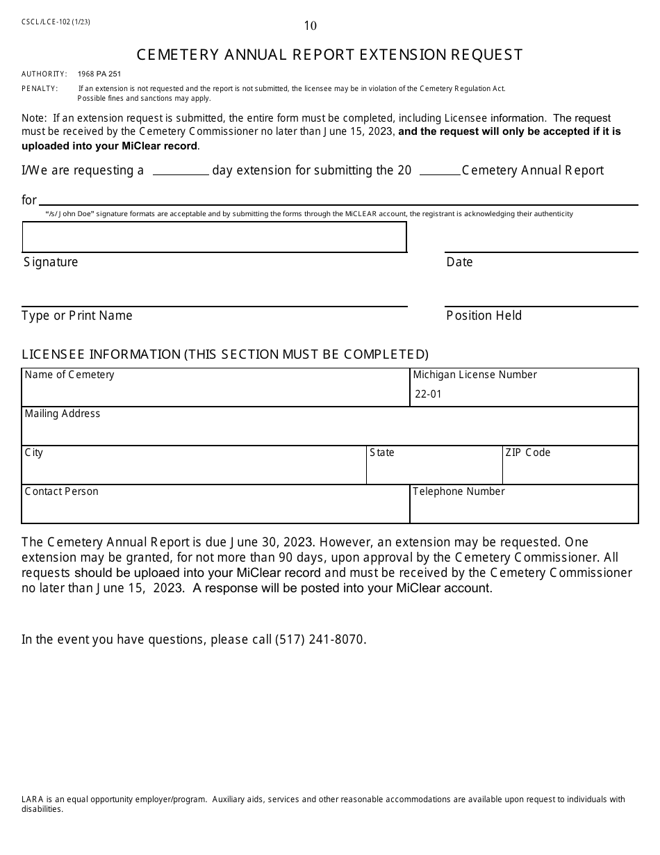 Form CSCL / LCE-102 Cemetery Annual Report - Michigan, Page 10